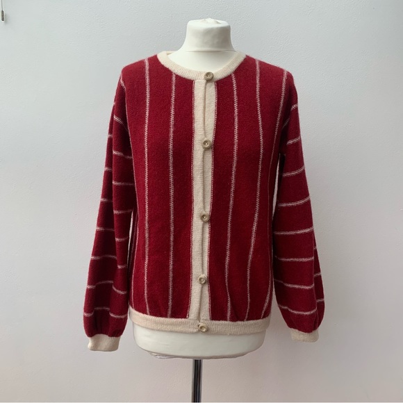 Vintage Sweaters - Vintage Welsh Knit Ann Luffman Ladies Wool Cardigan Red Vertical Stripe Wood
